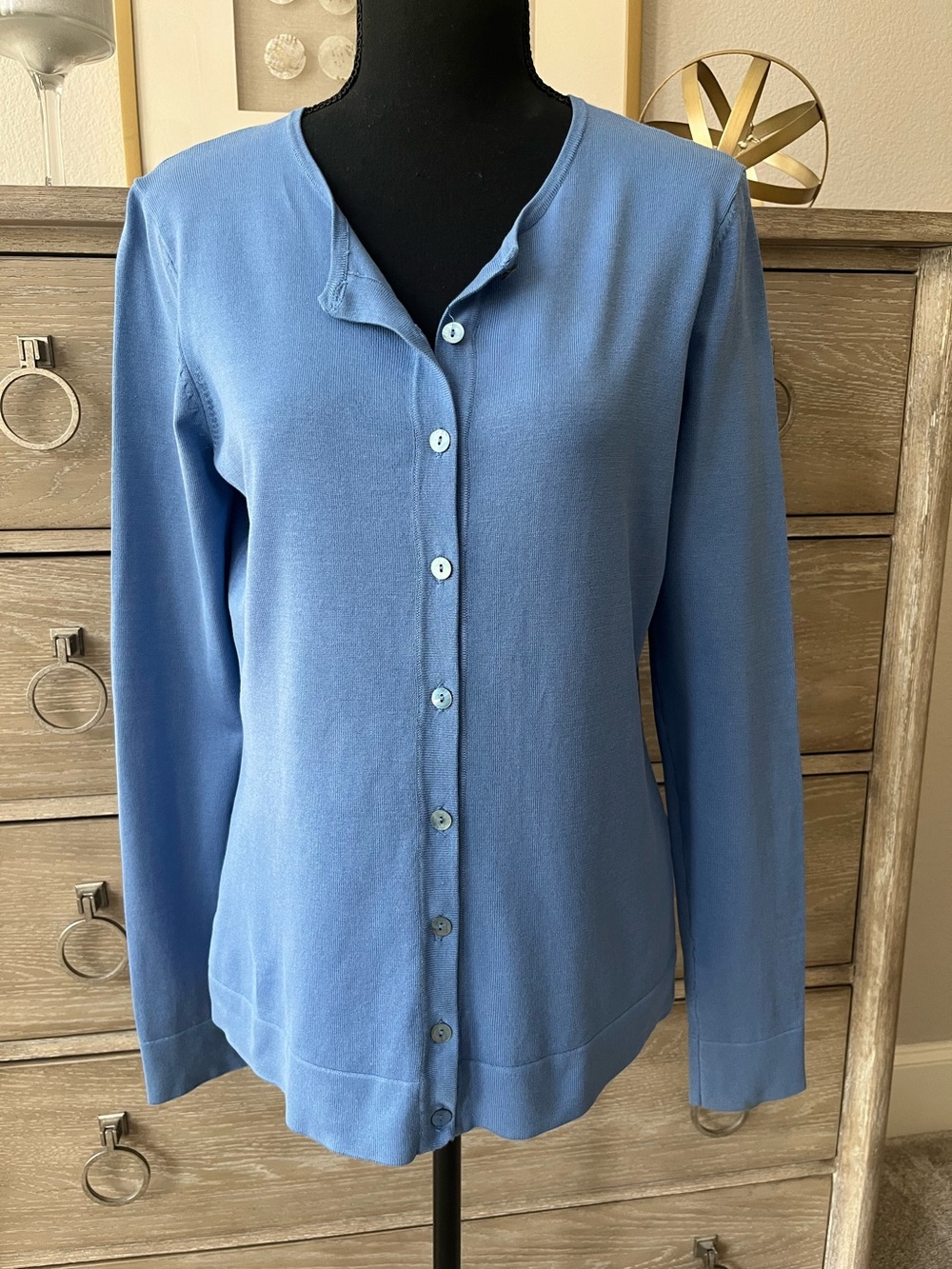 August Silk Blue Button Down Cardigan sz Medium Light Sweater